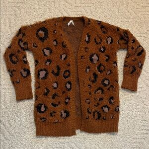 Mudd Fuzzy Leopard Print Brown cardigan Sweater kitschy glam fall small